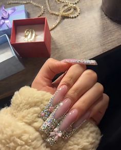 Extravagant Pink Nails, Extra Long Pink Nails, Pink Long Nails With Charms, Kawaii Junk Nails, Xl Kawaii Nails, Rhinestone Business, Fye Nails, Tech Lifestyle, Cow Nails