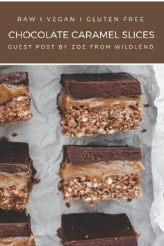 raw vegan gluten - free chocolate caramel slices with text overlay