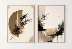 two framed art pieces with black and white designs on them, one is brown and the other is beige