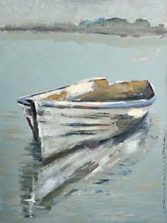 a painting of a boat in the water with no one on it's side