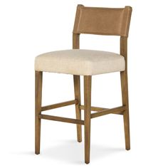 an upholstered bar stool with beige fabric and wood frame, viewed from the front