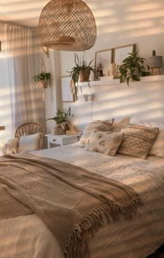 a bed sitting in a bedroom next to a window filled with potted greenery