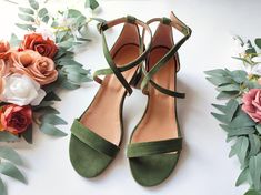 ❣ PRODUCT DESCRIPTION Get ready to make a grand entrance on your big day with these gorgeous light olive-green velvet wedding shoes.  With their cross-front closure and elegant mid-block sandals in a rich sage green shade, these bridal velvet heels are the epitome of style and sophistication. These shoes are perfect for any bride or maid of honor who wants to add a touch of luxury to their wedding ensemble.  Whether you're walking down the aisle or dancing the night away, these handmade shoes ar Maid Of Honor Shoes, Green Velvet Wedding, Velvet Wedding Shoes, Olive Green Heels, Colorful Wedding Shoes, Olive Green Velvet, Velvet Wedding, Light Olive Green, Block Sandals