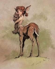 a drawing of a girl riding on the back of a deer