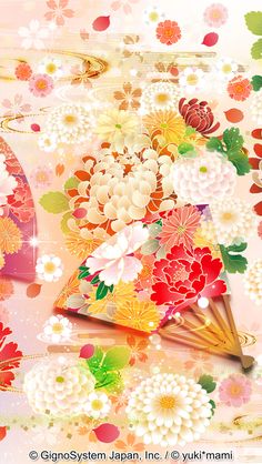 an image of flowers and fan on a pink background