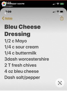 the menu for blue cheese dressing is shown in this screenshote screen graber