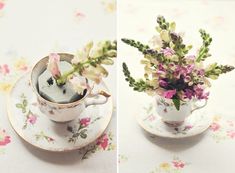 two pictures of flowers in a teacup and saucer