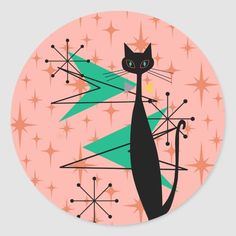 a black cat sitting on top of a pink circle with stars and triangles around it