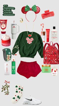 the contents of a christmas themed outfit are arranged on a white background with red and green accessories