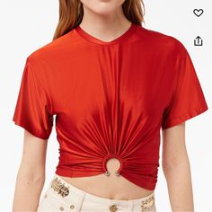 Very Cute And Sexy Embellished Jersey Crop Top. Designer V-neck Summer Tops, Designer V-neck Party Top, Designer Evening Tops For Summer, Red Embellished Fitted Tops, Designer Party Tops, Designer Red Tops For Summer, Glamorous Red Summer Top, Red Short Sleeve Tops For Evening, Embellished Red Tops For Spring