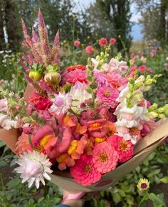 a bouquet of flowers is being held by someone in front of some bushes and trees