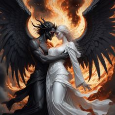 an angel and demon embracing in front of a blazing sky with fire behind them, both holding each other