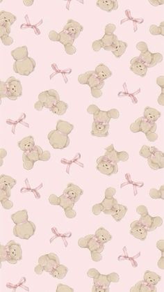 a pink wallpaper with teddy bears and bows on the top, in pastel colors