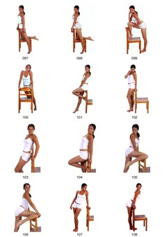 a woman sitting on top of a wooden chair in different poses and positions to show her butts