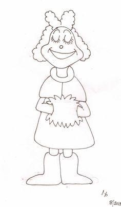 a drawing of a girl in a dress with her hands on her hips and smiling