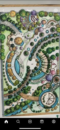 a drawing of a garden with lots of trees and plants on it, including an overhead view