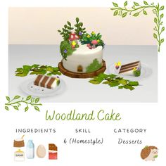 there is a cake on the table with flowers and leaves around it that says woodland cake