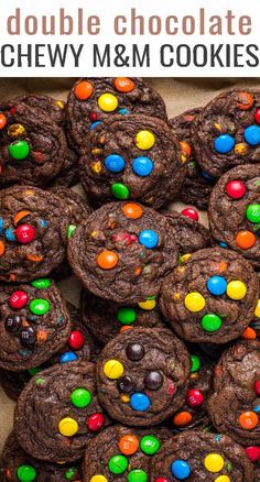 chocolate m & m cookies are stacked on top of each other