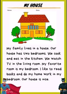 a yellow house with the words my house written in black on it and a green background