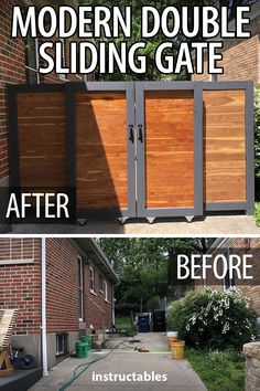 the before and after photos of a modern double sliding gate that has been installed in front of a brick house