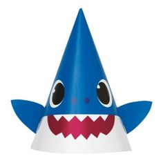 a blue and white party hat with a shark's face on the front side