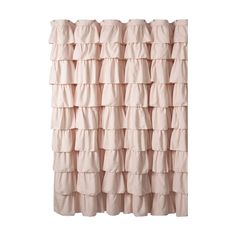 a pink shower curtain with tiered ruffles on the top and bottom, in front of a white bathtub