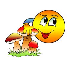 a smiley face holding a mushroom in its mouth