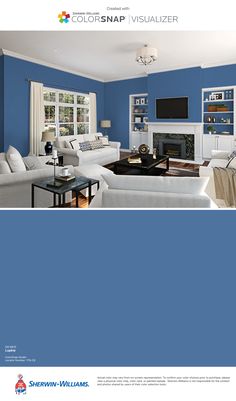 a living room with blue walls and white furniture