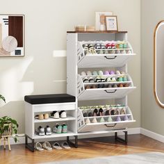 a white shoe rack filled with lots of shoes