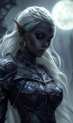 a woman with white hair and horns in front of a full moon, wearing armor