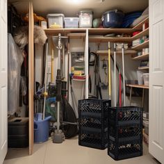 a closet filled with lots of different types of tools and cleaning supplies in bins