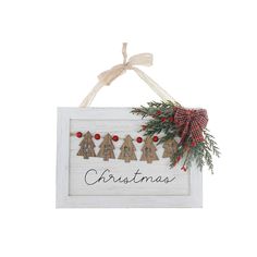 a wooden sign with christmas decorations hanging from it