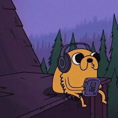 a cartoon bear with headphones on leaning against a fence