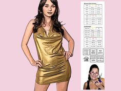 a drawing of a woman in a gold dress with her hand on her hip and the numbers behind her