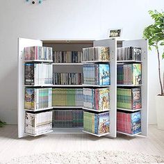 a white bookcase filled with lots of books next to a potted plant on top of a wooden floor