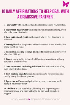 a pink poster with the words 10 daily affirmations to help deal with