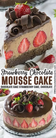 strawberry chocolate mousse cake on a plate with strawberries