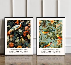 two framed art prints depicting birds and flowers