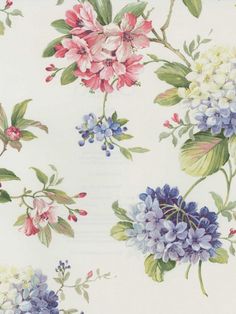 a floral wallpaper with blue, pink and white flowers on it's side