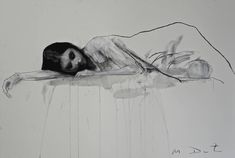 a black and white drawing of a woman laying down