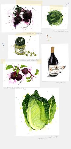 an image of some vegetables and wine on a white tablecloth with watercolors