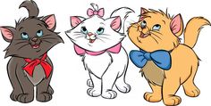 three cartoon cats wearing bow ties and looking at the same direction as one cat with blue eyes