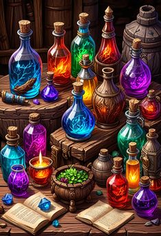 an image of many different colored bottles on a table with books and glassware in front of them