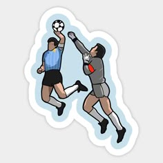 two men playing soccer against each other on a white and blue sticker with the same color scheme