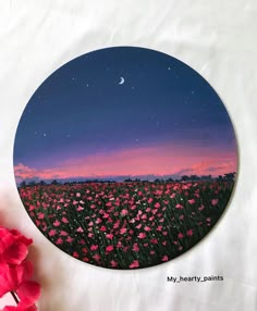 a painting of pink flowers and the moon in the sky over a field with grass