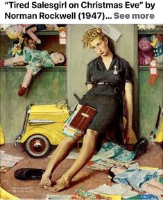 a painting of a woman sitting on the floor with her feet propped up in front of a toy car