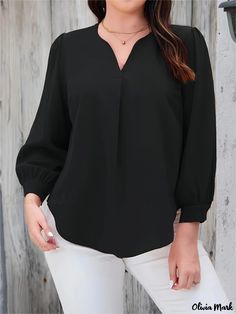 Olivia Mark - Womens Plus Size Casual Blouse: Solid Lantern Sleeve Notched Neck Round Hem Top Hem Top, Womens Casual, Lantern Sleeve, Plus Size Blouses, Casual Blouse, Lantern Sleeves, Plus Size Casual, Olivia Mark, Casual Women