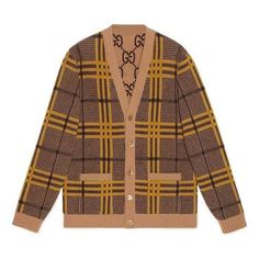 Gucci Reversible Wool Knit Cardigan 'Brown Yellow' 696576-XKCFX-2378 Designer Wool V-neck Outerwear, Luxury Gucci V-neck Outerwear, Casual Gucci V-neck Outerwear, Gucci Designer Jacquard Knit Cardigan, Designer Gucci Jacquard Knit Cardigan, Designer Gucci V-neck Sweater, Gucci Luxury V-neck Cardigan, Luxury Gucci V-neck Cardigan, Designer Beige Winter Cardigan