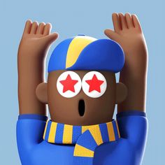 a cartoon character wearing a blue and yellow outfit with red stars on his eyes, holding his hands up in the air