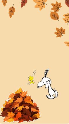 an image of a cartoon dog chasing leaves in the air with his head down on a pile of autumn leaves